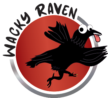 Circular logo with a cartoon image of a raven with googly eyes and a floppy tongue. Writing to edge of circle reads Wacky Raven. This is thee logo for Wacky Raven.